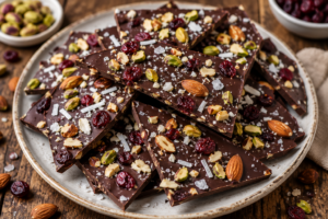 homemade chocolate bark with nuts dried cranberries and sea salt