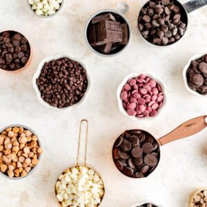 Different types of chocolate chips for baking cookies, brownies, and desserts.